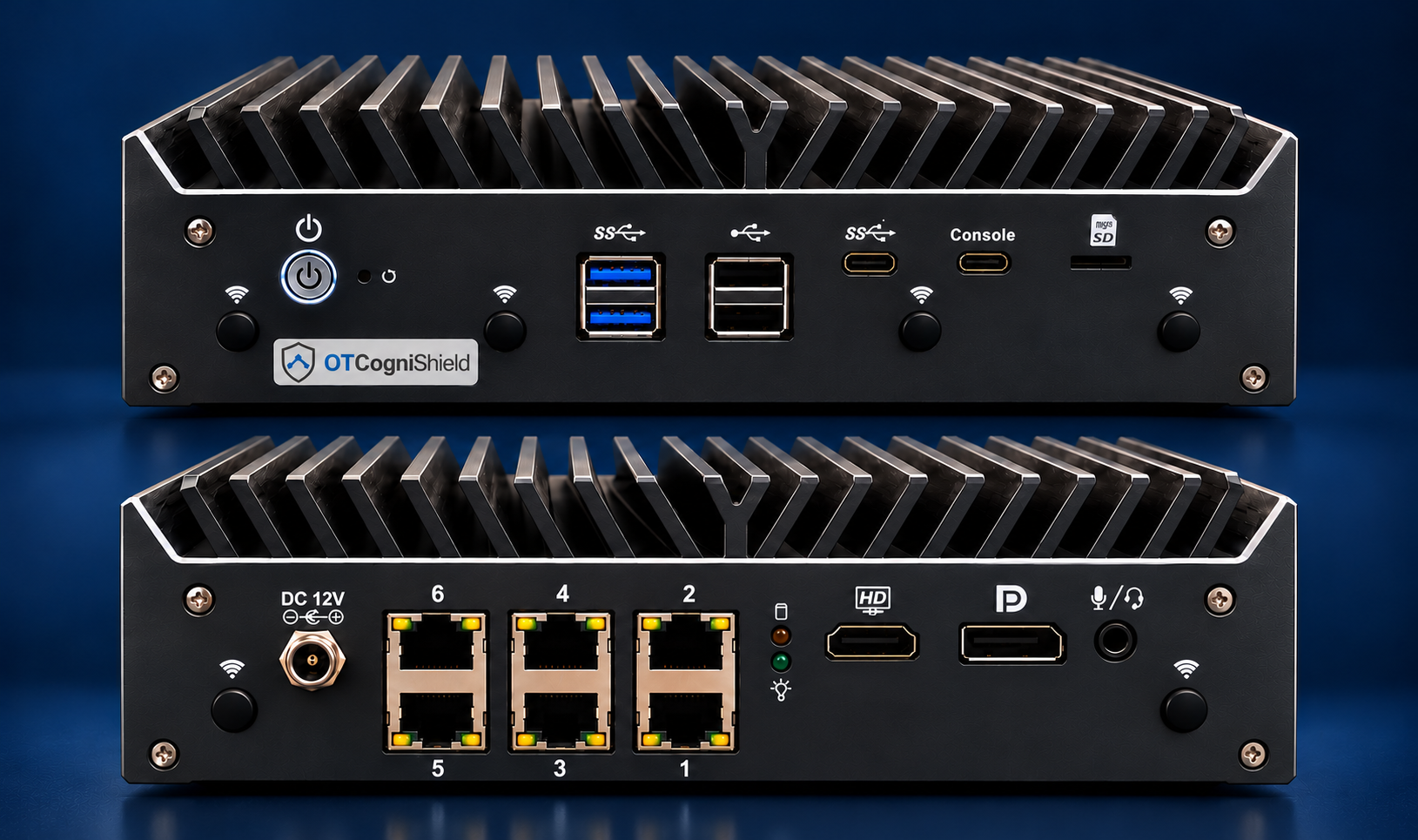 OTCogniShield branding concept on the fanless appliance, showing the front USB connections and rear six Ethernet ports